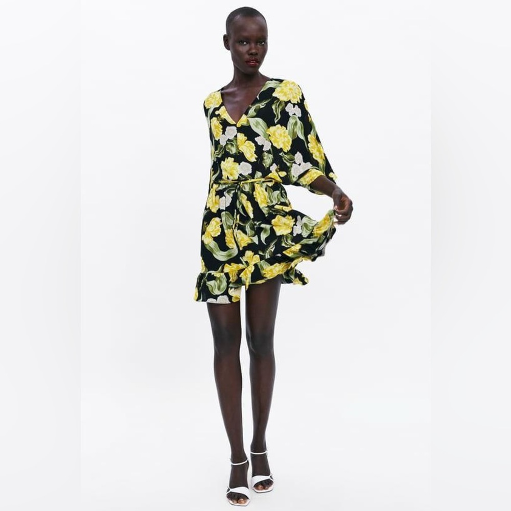 Zara Yellow Black Floral Print Dress